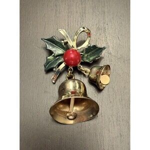 Vintage Christmas Jingle Bell & Holly Mid-Century Brooch